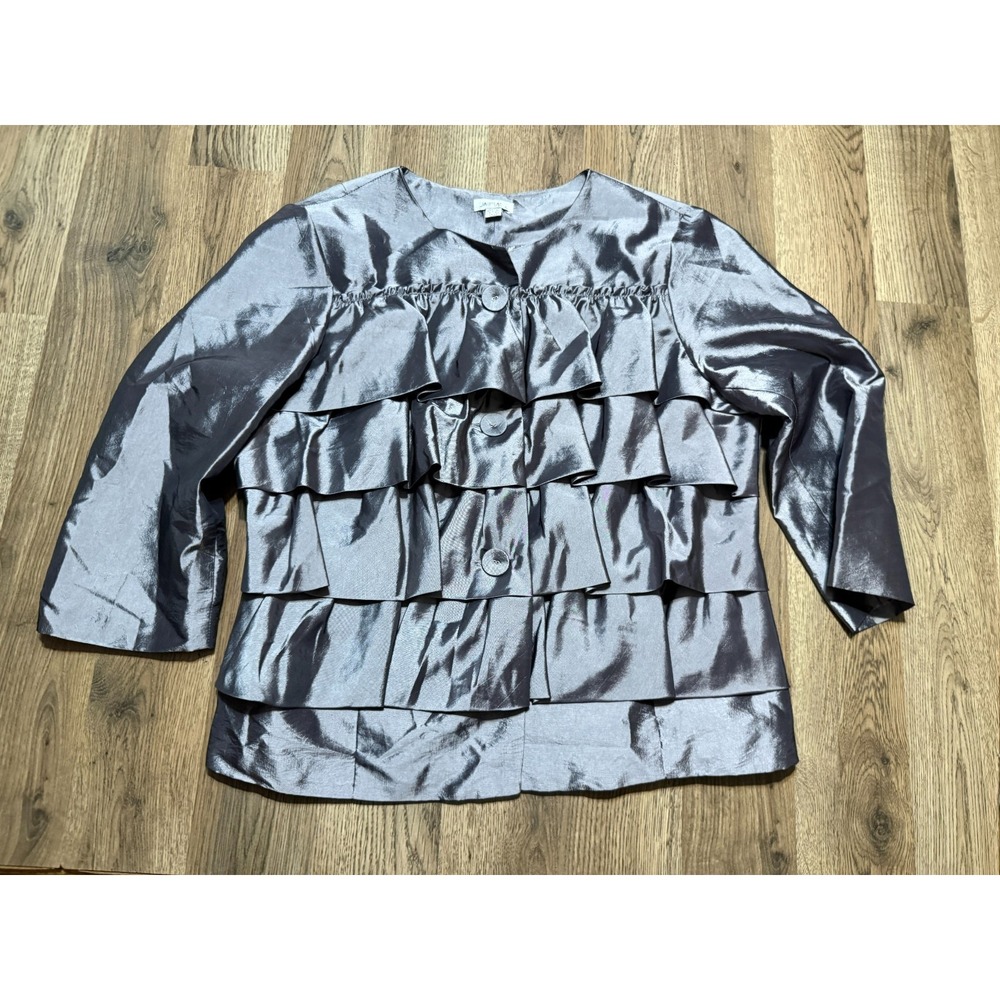 Jaipur Shirt Women's Size Large Silver 3/4 Sleeve Button Up Tiered